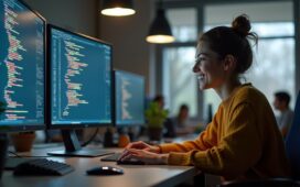 In einem hell erleuchteten, modernen Büro sitzt eine junge Entwicklerin mit einem warmen Lächeln vor einem großen Bildschirm, auf dem farbenfroher Quellcode sichtbar ist, während sie mit der Maus konzentriert und entspannt eine Codezeile per Drag & Drop verschiebt – ein Sinnbild für die moderne, intuitive Arbeitsweise der Softwareentwicklung.