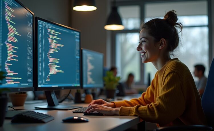 In einem hell erleuchteten, modernen Büro sitzt eine junge Entwicklerin mit einem warmen Lächeln vor einem großen Bildschirm, auf dem farbenfroher Quellcode sichtbar ist, während sie mit der Maus konzentriert und entspannt eine Codezeile per Drag & Drop verschiebt – ein Sinnbild für die moderne, intuitive Arbeitsweise der Softwareentwicklung.
