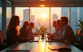 In einem hell erleuchteten, modernen Büro sitzt ein lächelndes Entwicklerteam gemeinsam an einem großen Tisch, umgeben von Bildschirmen mit dynamischen Suchergebnissen, während warmes Tageslicht durch große Fenster fällt und eine freundliche, produktive Atmosphäre voller Innovation und digitaler Vernetzung schafft.