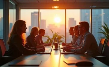 In einem hell erleuchteten, modernen Büro sitzt ein lächelndes Entwicklerteam gemeinsam an einem großen Tisch, umgeben von Bildschirmen mit dynamischen Suchergebnissen, während warmes Tageslicht durch große Fenster fällt und eine freundliche, produktive Atmosphäre voller Innovation und digitaler Vernetzung schafft.