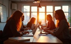 Ein hell erleuchteter, lebhafter Workshopraum mit engagierten Entwickler:innen und Designer:innen unterschiedlicher Herkunft, die bei warmem Tageslicht konzentriert an Laptops und Whiteboards eines gemeinschaftlichen Open-Source-Projekts arbeiten und dabei freundschaftlich miteinander kommunizieren.