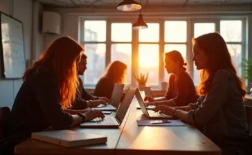 Ein hell erleuchteter, lebhafter Workshopraum mit engagierten Entwickler:innen und Designer:innen unterschiedlicher Herkunft, die bei warmem Tageslicht konzentriert an Laptops und Whiteboards eines gemeinschaftlichen Open-Source-Projekts arbeiten und dabei freundschaftlich miteinander kommunizieren.