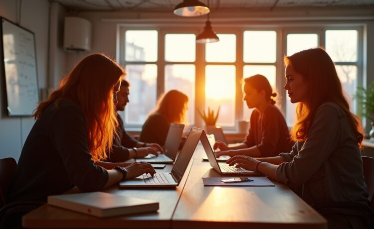 Ein hell erleuchteter, lebhafter Workshopraum mit engagierten Entwickler:innen und Designer:innen unterschiedlicher Herkunft, die bei warmem Tageslicht konzentriert an Laptops und Whiteboards eines gemeinschaftlichen Open-Source-Projekts arbeiten und dabei freundschaftlich miteinander kommunizieren.