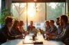 Ein warm beleuchtetes, modernes Büro mit einem internationalen Team, das in entspannter Atmosphäre an Laptops arbeitet und gemeinsam an einer großen, transparenten Glaswand strategische Cloud-Infrastrukturpläne skizziert, während Sonnenlicht durch große Fenster fällt und lebendige Pflanzen für natürliche Frische sorgen.