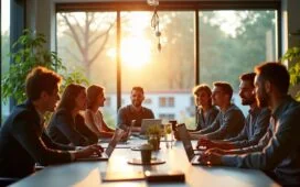 Ein warm beleuchtetes, modernes Büro mit einem internationalen Team, das in entspannter Atmosphäre an Laptops arbeitet und gemeinsam an einer großen, transparenten Glaswand strategische Cloud-Infrastrukturpläne skizziert, während Sonnenlicht durch große Fenster fällt und lebendige Pflanzen für natürliche Frische sorgen.