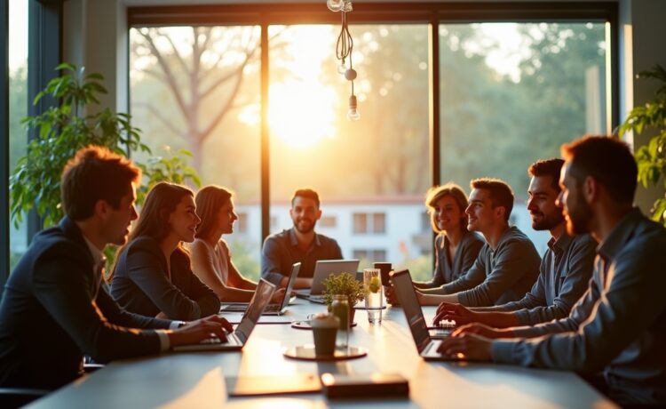 Ein warm beleuchtetes, modernes Büro mit einem internationalen Team, das in entspannter Atmosphäre an Laptops arbeitet und gemeinsam an einer großen, transparenten Glaswand strategische Cloud-Infrastrukturpläne skizziert, während Sonnenlicht durch große Fenster fällt und lebendige Pflanzen für natürliche Frische sorgen.