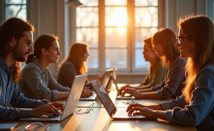 Ein lebhaftes, natürlich beleuchtetes Büro mit konzentrierten Nutzern, die an modernen Laptops zusammenarbeiten und dabei ihre Kommentare und Reaktionen in lebendiger, vertrauensvoller Atmosphäre austauschen, während das warme Tageslicht den Raum freundlich durchflutet und kreative Ideen rund um User Testing und digitale Optimierung sichtbar macht.