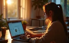 Eine helle, einladende Arbeitsumgebung mit einer fokussierten Person, die am Laptop entspannt an einer DIY-Website arbeitet, umgeben von warmem Tageslicht, modernen Notizen und einem Kaffeebecher, die Atmosphäre strahlt kreative Produktivität und Gelassenheit aus.