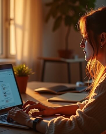 Eine helle, einladende Arbeitsumgebung mit einer fokussierten Person, die am Laptop entspannt an einer DIY-Website arbeitet, umgeben von warmem Tageslicht, modernen Notizen und einem Kaffeebecher, die Atmosphäre strahlt kreative Produktivität und Gelassenheit aus.