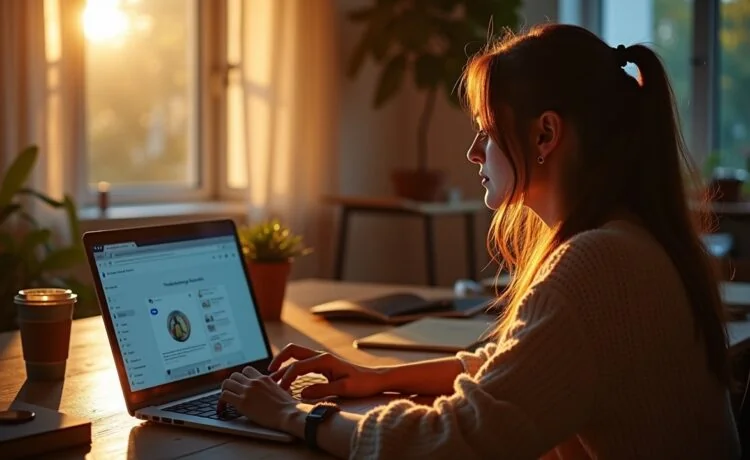 Eine helle, einladende Arbeitsumgebung mit einer fokussierten Person, die am Laptop entspannt an einer DIY-Website arbeitet, umgeben von warmem Tageslicht, modernen Notizen und einem Kaffeebecher, die Atmosphäre strahlt kreative Produktivität und Gelassenheit aus.