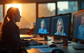 In einem hell erleuchteten, urbanen Büro mit modernen Computern und Bildschirmen, fokussiert eine nachdenklich wirkende Polizistin in zivil auf den Monitor einer KI-gestützten Gesichtserkennungssoftware, während warme Nachmittagssonne sanft durch die großen Fenster fällt und eine Atmosphäre von Verantwortung, Zweifel und menschlicher Fürsorge schafft.