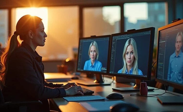 In einem hell erleuchteten, urbanen Büro mit modernen Computern und Bildschirmen, fokussiert eine nachdenklich wirkende Polizistin in zivil auf den Monitor einer KI-gestützten Gesichtserkennungssoftware, während warme Nachmittagssonne sanft durch die großen Fenster fällt und eine Atmosphäre von Verantwortung, Zweifel und menschlicher Fürsorge schafft.