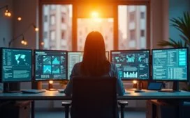 Ein strahlend helles Büro mit warmem Tageslicht, in dem eine nachdenkliche Person vor mehreren Bildschirmen mit digitalen Daten und Sicherheitsgrafiken sitzt, umgeben von moderner Technik, die Konzentration und einfühlsame Verantwortung ausstrahlt.