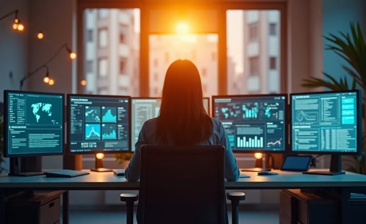 Ein strahlend helles Büro mit warmem Tageslicht, in dem eine nachdenkliche Person vor mehreren Bildschirmen mit digitalen Daten und Sicherheitsgrafiken sitzt, umgeben von moderner Technik, die Konzentration und einfühlsame Verantwortung ausstrahlt.