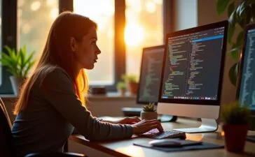 Ein hell erleuchtetes Entwicklerbüro mit fokussierter Programmiererin, warmes Tageslicht fällt durch große Fenster, auf dem Bildschirm zeigen sich komplexe Codes und ein angedeutetes Pop-up für eine Extension, während eine sanfte, vertrauensvolle Atmosphäre Wissen und technische Innovation ausstrahlt.