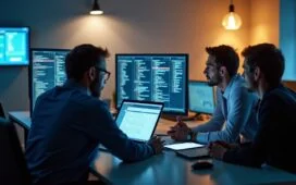 Ein hell erleuchtetes, modernes Büro mit engagierten IT-Profis in angeregtem Gespräch vor mehreren Bildschirmen, die komplexe Virtualisierungs- und Cloud-Infrastrukturen in warmem Tageslicht analysieren und so den dynamischen Wandel der Hosting-Branche eindrucksvoll widerspiegeln.