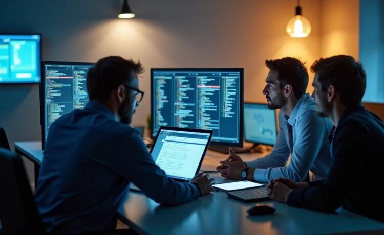 Ein hell erleuchtetes, modernes Büro mit engagierten IT-Profis in angeregtem Gespräch vor mehreren Bildschirmen, die komplexe Virtualisierungs- und Cloud-Infrastrukturen in warmem Tageslicht analysieren und so den dynamischen Wandel der Hosting-Branche eindrucksvoll widerspiegeln.