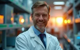 In einem hell erleuchteten, modernen Labor strahlt ein Forscher mit freundlichem Lächeln zwischen funkelnden Kristallstrukturen und hochmodernen Chipbauteilen, während warmes Tageslicht durch große Fenster fällt und die Zukunft der Halbleiter-Technologie voller Hoffnung und Innovation symbolisiert.