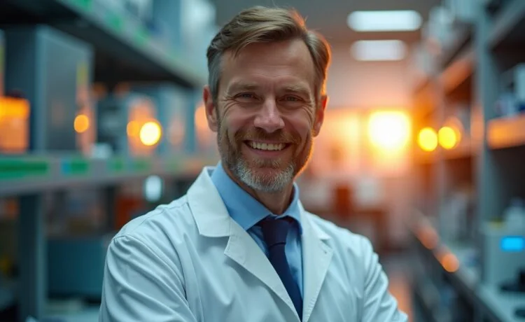In einem hell erleuchteten, modernen Labor strahlt ein Forscher mit freundlichem Lächeln zwischen funkelnden Kristallstrukturen und hochmodernen Chipbauteilen, während warmes Tageslicht durch große Fenster fällt und die Zukunft der Halbleiter-Technologie voller Hoffnung und Innovation symbolisiert.