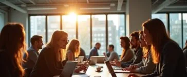 Ein hell erleuchtetes, modernes Büro, in dem ein interdisziplinäres Team mit natürlichem Tageslicht an einem großen Tisch konzentriert User-Insights diskutiert, umgeben von Laptops, Notizbüchern und Skizzen, die eine warme, einladende Atmosphäre voller Zusammenarbeit und kreativem Austausch ausstrahlt.