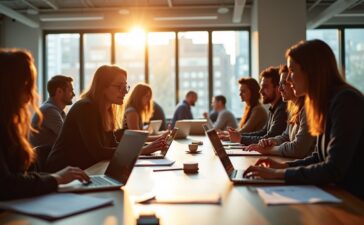 Ein hell erleuchtetes, modernes Büro, in dem ein interdisziplinäres Team mit natürlichem Tageslicht an einem großen Tisch konzentriert User-Insights diskutiert, umgeben von Laptops, Notizbüchern und Skizzen, die eine warme, einladende Atmosphäre voller Zusammenarbeit und kreativem Austausch ausstrahlt.