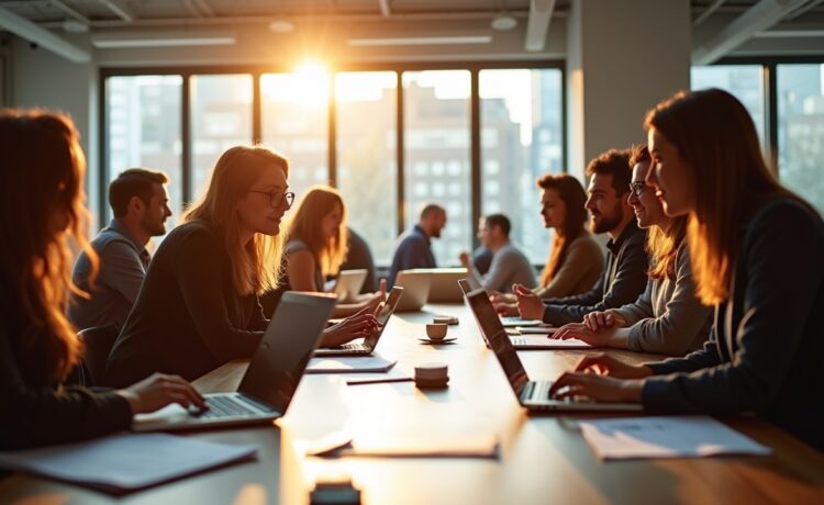 Ein hell erleuchtetes, modernes Büro, in dem ein interdisziplinäres Team mit natürlichem Tageslicht an einem großen Tisch konzentriert User-Insights diskutiert, umgeben von Laptops, Notizbüchern und Skizzen, die eine warme, einladende Atmosphäre voller Zusammenarbeit und kreativem Austausch ausstrahlt.