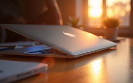 Strahlend helles, natürlich beleuchtetes Foto eines modernen MacBook mit einem eleganten, magnetischen Touch-Rahmen, aufgenommen in einem warmen, inspirierenden Arbeitsumfeld, das die zukunftsweisende Verschmelzung von Technologie und intuitiver Bedienung lebendig und einladend einfängt.