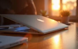 Strahlend helles, natürlich beleuchtetes Foto eines modernen MacBook mit einem eleganten, magnetischen Touch-Rahmen, aufgenommen in einem warmen, inspirierenden Arbeitsumfeld, das die zukunftsweisende Verschmelzung von Technologie und intuitiver Bedienung lebendig und einladend einfängt.