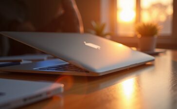 Strahlend helles, natürlich beleuchtetes Foto eines modernen MacBook mit einem eleganten, magnetischen Touch-Rahmen, aufgenommen in einem warmen, inspirierenden Arbeitsumfeld, das die zukunftsweisende Verschmelzung von Technologie und intuitiver Bedienung lebendig und einladend einfängt.