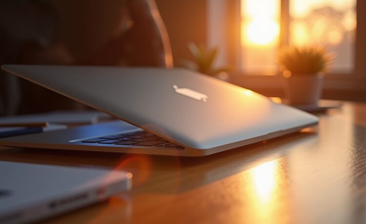 Strahlend helles, natürlich beleuchtetes Foto eines modernen MacBook mit einem eleganten, magnetischen Touch-Rahmen, aufgenommen in einem warmen, inspirierenden Arbeitsumfeld, das die zukunftsweisende Verschmelzung von Technologie und intuitiver Bedienung lebendig und einladend einfängt.