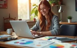 Eine lichtdurchflutete, warme Büro- oder Kreativatelier-Szene zeigt eine lächelnde junge Designerin vor ihrem aufgeklappten Laptop, umgeben von Skizzen, Farbmusterkarten und modernen digitalen Tools, die den Moment voller Inspiration und strategischer Planung für ihr individuelles Online-Portfolio einfangen.
