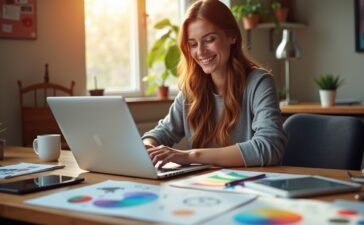 Eine lichtdurchflutete, warme Büro- oder Kreativatelier-Szene zeigt eine lächelnde junge Designerin vor ihrem aufgeklappten Laptop, umgeben von Skizzen, Farbmusterkarten und modernen digitalen Tools, die den Moment voller Inspiration und strategischer Planung für ihr individuelles Online-Portfolio einfangen.