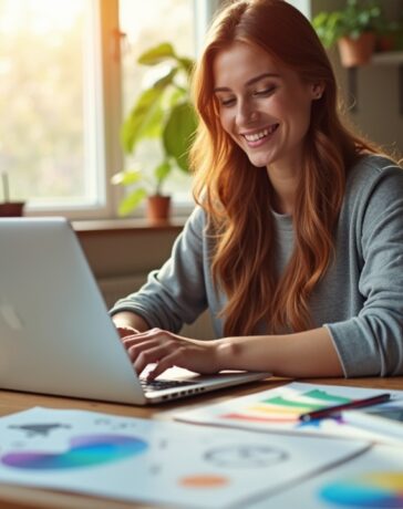 Eine lichtdurchflutete, warme Büro- oder Kreativatelier-Szene zeigt eine lächelnde junge Designerin vor ihrem aufgeklappten Laptop, umgeben von Skizzen, Farbmusterkarten und modernen digitalen Tools, die den Moment voller Inspiration und strategischer Planung für ihr individuelles Online-Portfolio einfangen.