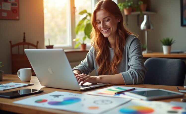 Eine lichtdurchflutete, warme Büro- oder Kreativatelier-Szene zeigt eine lächelnde junge Designerin vor ihrem aufgeklappten Laptop, umgeben von Skizzen, Farbmusterkarten und modernen digitalen Tools, die den Moment voller Inspiration und strategischer Planung für ihr individuelles Online-Portfolio einfangen.