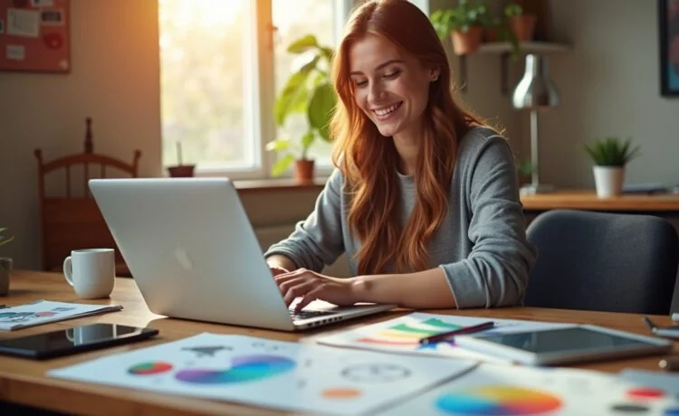 Eine lichtdurchflutete, warme Büro- oder Kreativatelier-Szene zeigt eine lächelnde junge Designerin vor ihrem aufgeklappten Laptop, umgeben von Skizzen, Farbmusterkarten und modernen digitalen Tools, die den Moment voller Inspiration und strategischer Planung für ihr individuelles Online-Portfolio einfangen.