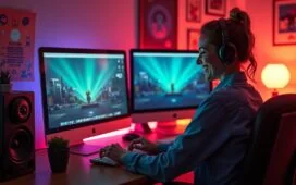 Ein lichtdurchflutetes, warmes Büro mit modernen Computermonitoren, auf denen farbenfrohe, retro-inspirierte Webseiten im lebendigen 90er-Jahre-Stil zu sehen sind, während eine Person entspannt lächelnd vor dem Bildschirm sitzt und kreative Ideen fürs Webdesign von damals in die Gegenwart überträgt.