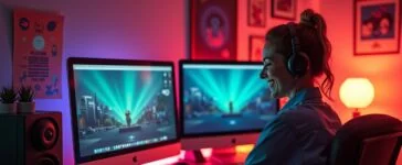 Ein lichtdurchflutetes, warmes Büro mit modernen Computermonitoren, auf denen farbenfrohe, retro-inspirierte Webseiten im lebendigen 90er-Jahre-Stil zu sehen sind, während eine Person entspannt lächelnd vor dem Bildschirm sitzt und kreative Ideen fürs Webdesign von damals in die Gegenwart überträgt.