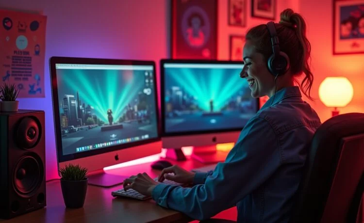 Ein lichtdurchflutetes, warmes Büro mit modernen Computermonitoren, auf denen farbenfrohe, retro-inspirierte Webseiten im lebendigen 90er-Jahre-Stil zu sehen sind, während eine Person entspannt lächelnd vor dem Bildschirm sitzt und kreative Ideen fürs Webdesign von damals in die Gegenwart überträgt.