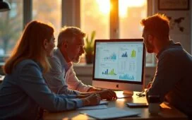 Ein heller, sonnendurchfluteter Büroarbeitsplatz mit modernen Computern und konzentrierten Menschen unterschiedlichen Alters, die in lebhafter Diskussion über komplexe Diagramme und Datenvisualisierungen vertieft sind, während warmes Tageslicht die Szene freundlich und authentisch erhellt – ein stimmungsvolles Porträt der sorgfältigen, verantwortungsvollen Auseinandersetzung mit den Chancen und Herausforderungen der künstlichen Intelligenz.