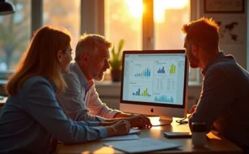 Ein heller, sonnendurchfluteter Büroarbeitsplatz mit modernen Computern und konzentrierten Menschen unterschiedlichen Alters, die in lebhafter Diskussion über komplexe Diagramme und Datenvisualisierungen vertieft sind, während warmes Tageslicht die Szene freundlich und authentisch erhellt – ein stimmungsvolles Porträt der sorgfältigen, verantwortungsvollen Auseinandersetzung mit den Chancen und Herausforderungen der künstlichen Intelligenz.