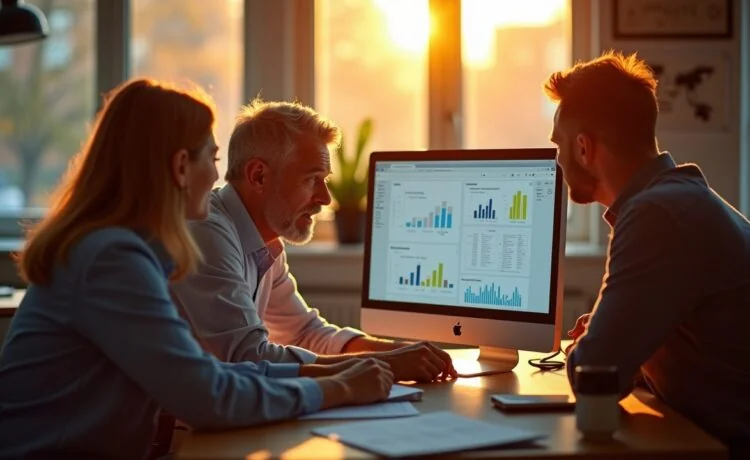 Ein heller, sonnendurchfluteter Büroarbeitsplatz mit modernen Computern und konzentrierten Menschen unterschiedlichen Alters, die in lebhafter Diskussion über komplexe Diagramme und Datenvisualisierungen vertieft sind, während warmes Tageslicht die Szene freundlich und authentisch erhellt – ein stimmungsvolles Porträt der sorgfältigen, verantwortungsvollen Auseinandersetzung mit den Chancen und Herausforderungen der künstlichen Intelligenz.