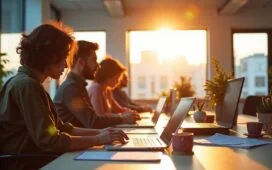 Ein hell erleuchtetes, modernes Büro mit lächelnden Kreativteams, die konzentriert an Laptops und Tablets arbeiten, umgeben von warmem Tageslicht und inspirierendem, minimalistischem Design, das den Wandel von statischen PDFs zu dynamischen, multimedialen Inhalten spürbar macht.