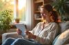 Ein sonnendurchflutetes, modernes Wohnzimmer mit entspannt lächelnder Person beim sorgsamen Online-Shopping auf einem Tablet, umgeben von warmen Holztönen und natürlichen Pflanzen, die eine Atmosphäre von Vertrauen und Achtsamkeit vermitteln.