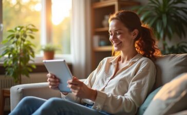 Ein sonnendurchflutetes, modernes Wohnzimmer mit entspannt lächelnder Person beim sorgsamen Online-Shopping auf einem Tablet, umgeben von warmen Holztönen und natürlichen Pflanzen, die eine Atmosphäre von Vertrauen und Achtsamkeit vermitteln.