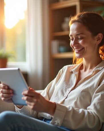 Ein sonnendurchflutetes, modernes Wohnzimmer mit entspannt lächelnder Person beim sorgsamen Online-Shopping auf einem Tablet, umgeben von warmen Holztönen und natürlichen Pflanzen, die eine Atmosphäre von Vertrauen und Achtsamkeit vermitteln.