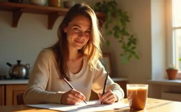 Ein helles, einfühlsames Porträt einer jungen Frau am gemütlich sonnenbeschienenen Küchentisch, die mit besorgtem, aber konzentriertem Blick ein Inkasso-Schreiben in der Hand hält, während um sie herum warme Tageslichtstrahlen und eine ruhige, reale Atmosphäre Vertrauen und Wachsamkeit vermitteln.
