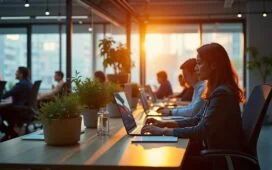 Ein hell erleuchteter, moderner Büroarbeitsplatz in warmen Farbtönen, an dem eine vielfältige Gruppe engagierter Fachleute mit konzentrierten und zuversichtlichen Blicken an Laptops und digitalen Geräten arbeitet, umgeben von großflächigen Fenstern, die viel Tageslicht hereinlassen, und subtilen Details wie Pflanzen und Technik, die den Aufbruch zu digitaler Souveränität und europäischer Zusammenarbeit symbolisieren.