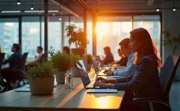 Ein hell erleuchteter, moderner Büroarbeitsplatz in warmen Farbtönen, an dem eine vielfältige Gruppe engagierter Fachleute mit konzentrierten und zuversichtlichen Blicken an Laptops und digitalen Geräten arbeitet, umgeben von großflächigen Fenstern, die viel Tageslicht hereinlassen, und subtilen Details wie Pflanzen und Technik, die den Aufbruch zu digitaler Souveränität und europäischer Zusammenarbeit symbolisieren.