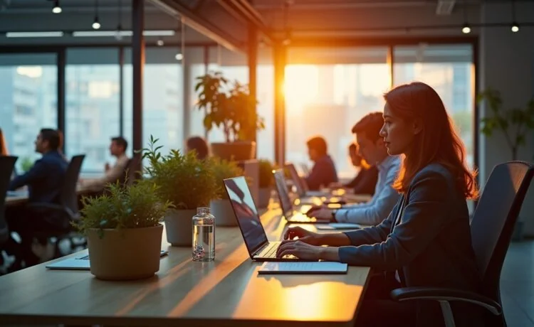 Ein hell erleuchteter, moderner Büroarbeitsplatz in warmen Farbtönen, an dem eine vielfältige Gruppe engagierter Fachleute mit konzentrierten und zuversichtlichen Blicken an Laptops und digitalen Geräten arbeitet, umgeben von großflächigen Fenstern, die viel Tageslicht hereinlassen, und subtilen Details wie Pflanzen und Technik, die den Aufbruch zu digitaler Souveränität und europäischer Zusammenarbeit symbolisieren.