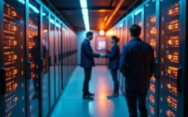 Ein warm ausgeleuchteter, moderner Serverraum mit freundlichen IT-Experten in lebhafter Teamarbeit vor glänzenden Monitoren, die konzentriert qualitätsvolle Datenströme überwachen und so die innovative Technologie von HA Proxy und ihre Rolle als zuverlässiger Reverse Proxy in der digitalen Infrastruktur verkörpern.